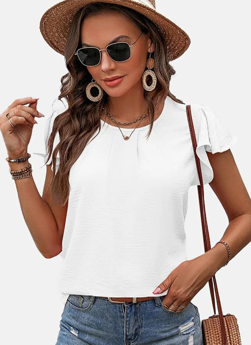يونيكي White Solid Cap Sleeve Round Neck Tunics
