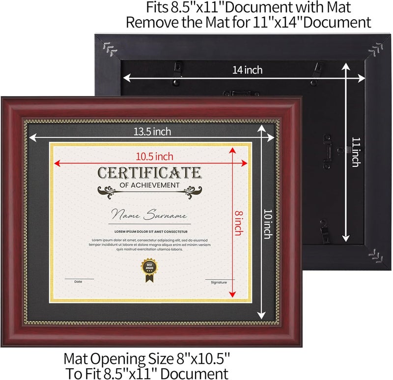 JackMa Diploma Frame | Certificate Frame with HD Tempered Glass, Display 8.5 x 11 with Black Over Gold Double Mat or 11x14 Document without Mat, Tabletop & Wall Mount (set of 2), Mahogany - Image 4