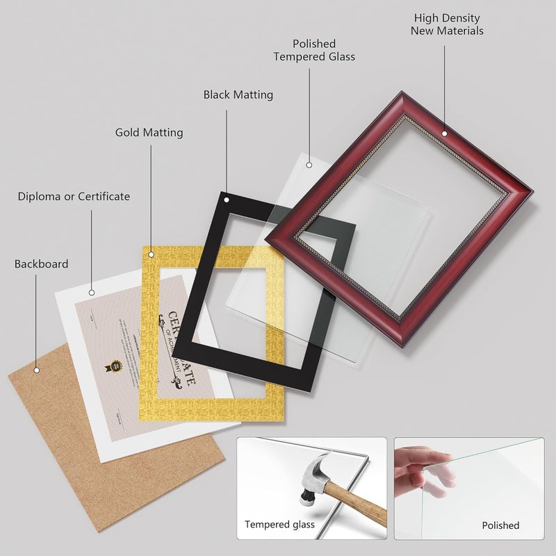JackMa Diploma Frame | Certificate Frame with HD Tempered Glass, Display 8.5 x 11 with Black Over Gold Double Mat or 11x14 Document without Mat, Tabletop & Wall Mount (set of 2), Mahogany - Image 5