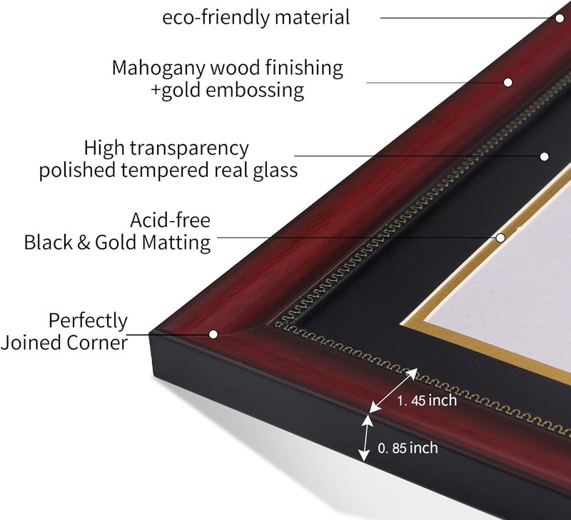 JackMa Diploma Frame | Certificate Frame with HD Tempered Glass, Display 8.5 x 11 with Black Over Gold Double Mat or 11x14 Document without Mat, Tabletop & Wall Mount (set of 2), Mahogany - Image 3