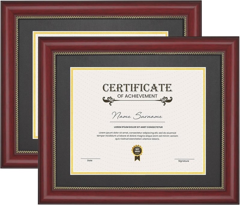 JackMa Diploma Frame | Certificate Frame with HD Tempered Glass, Display 8.5 x 11 with Black Over Gold Double Mat or 11x14 Document without Mat, Tabletop & Wall Mount (set of 2), Mahogany - Image 1