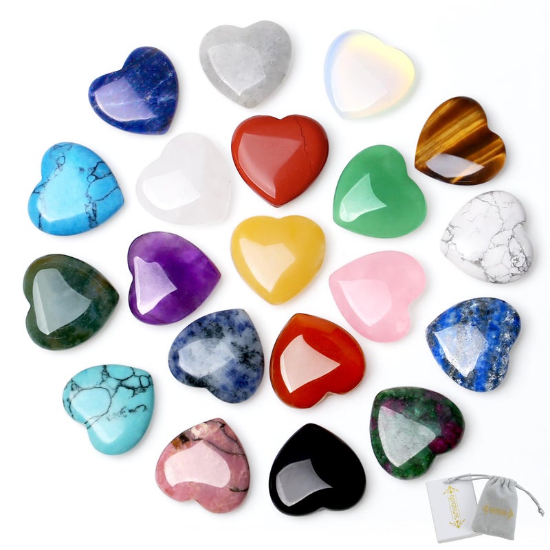 QINJIEJIE 20PCS Crystals and Healing Gemstones Gem Stones Heart Crystal QINJIEJIE Natural Rose Quartz Pocket Amethyst Hearts Palm Stone Polished Crystal Set Bulk Balancing Chakra Reiki Love Gifts for Women 08 
