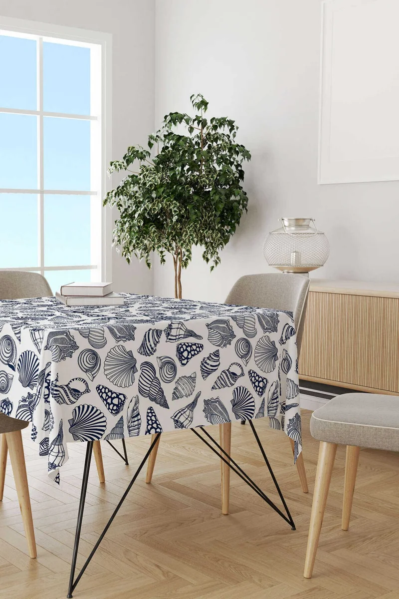Cango Home White Navy Blue Marine Patterned Digital Printed Tablecloth OTYK816-MS