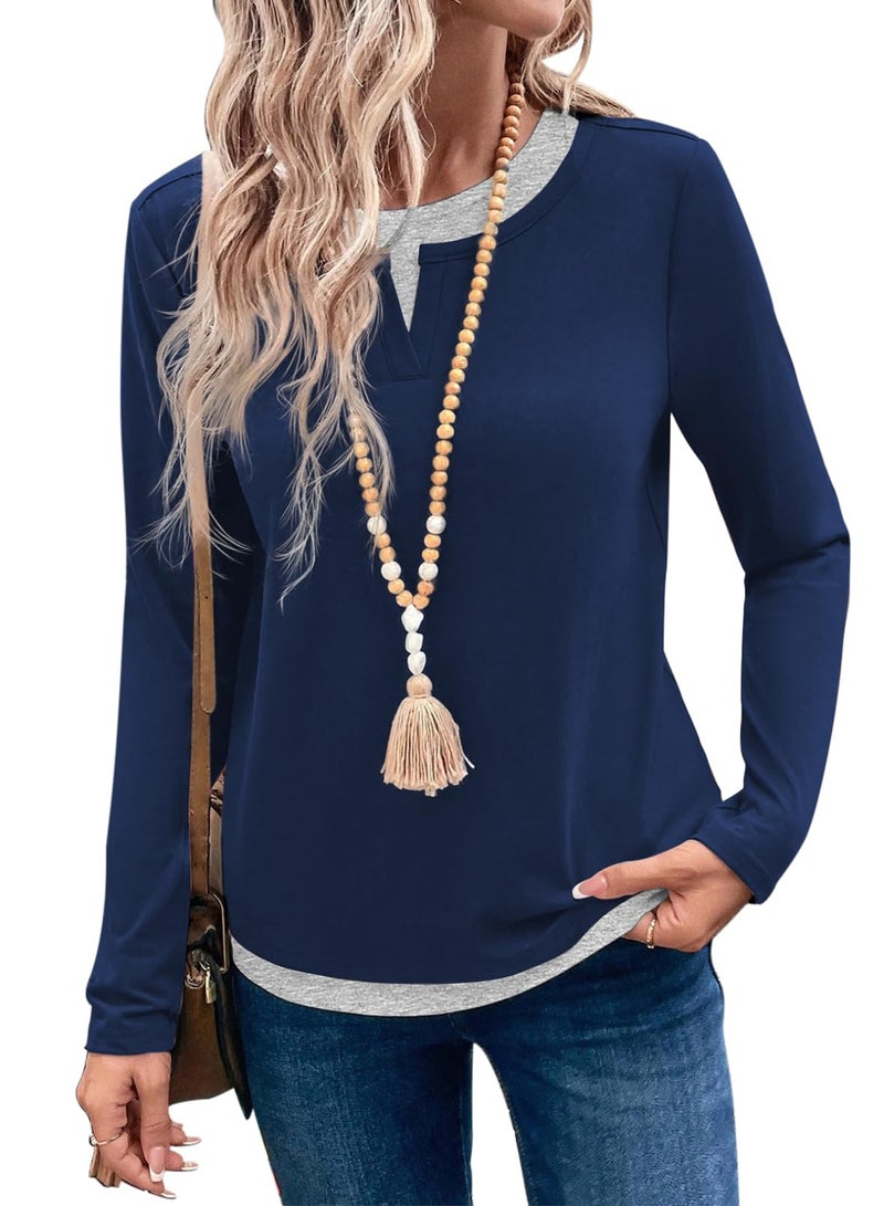 Shein SHEWIN Women's Tops Loose Fit Comfort Colors Tshirt Early Fall Fashion Crewneck Comfy Warm Long Sleeve Shirts for Women Navy Blue Large - Image 1