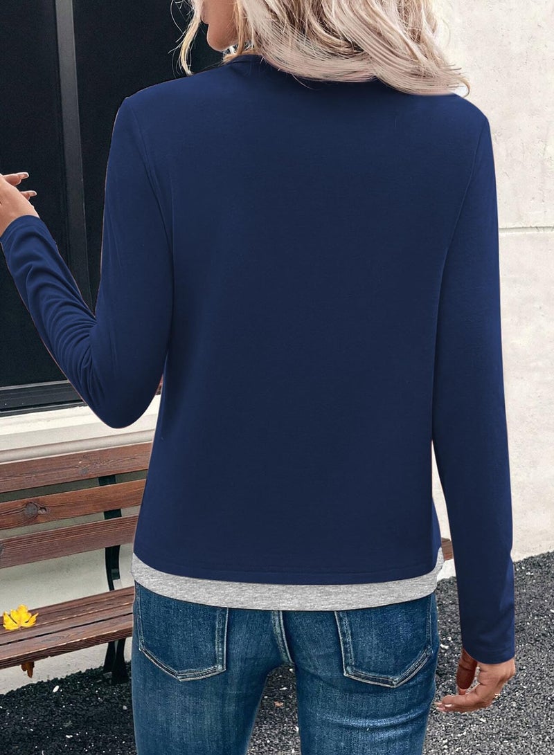 Shein SHEWIN Women's Tops Loose Fit Comfort Colors Tshirt Early Fall Fashion Crewneck Comfy Warm Long Sleeve Shirts for Women Navy Blue Large - Image 4