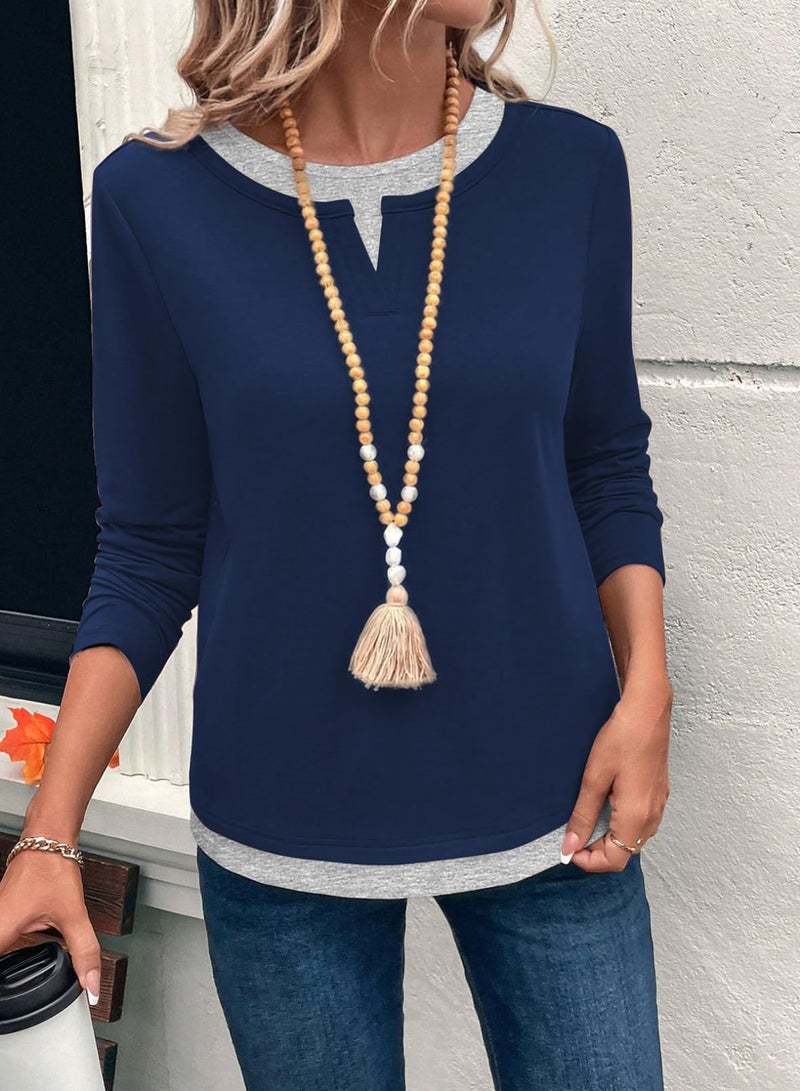 Shein SHEWIN Women's Tops Loose Fit Comfort Colors Tshirt Early Fall Fashion Crewneck Comfy Warm Long Sleeve Shirts for Women Navy Blue Large - Image 3
