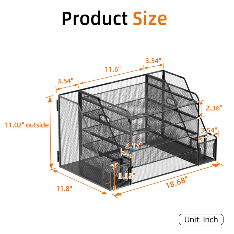 SUPEASY 5-Tier Mesh Desk Organizer with File Holder & Bookends, Metal Paper Letter Tray Organizer with 2 Pen Cups, Large-Capacity Desktop File Sorter for Home Office/School, Black - Image 3
