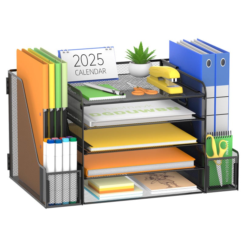 SUPEASY 5-Tier Mesh Desk Organizer with File Holder & Bookends, Metal Paper Letter Tray Organizer with 2 Pen Cups, Large-Capacity Desktop File Sorter for Home Office/School, Black - Image 1