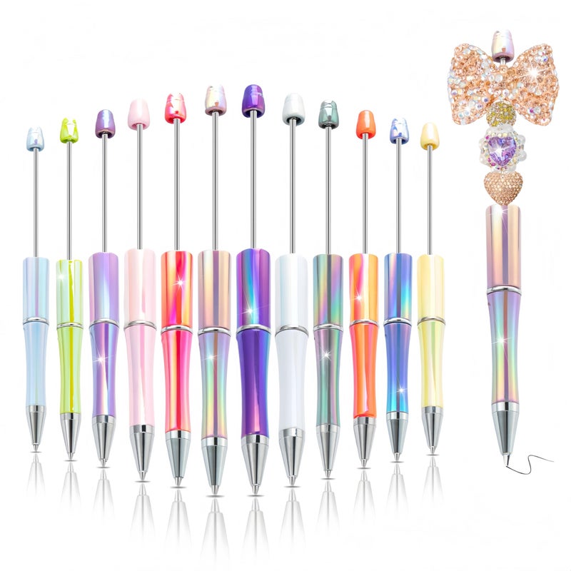 KUNHEHO Beadable Pens 12 Pcs Gradient Colors Shiny Fancy Pens Bulk for Women Focal Beads Pens Retractable Ballpoint Cool Cute Pens for Tween Girls DIY Small Thank You Gifts - Image 1