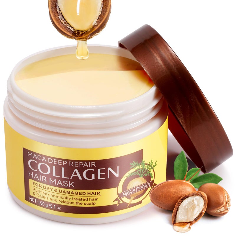 Collagen Hair Mask, Deep Conditioning Treatment Mask 5.1floz, Strengthen Hair and Enhance Manageability and Flexibility, for Dry or Damaged Hair, Enriched with Collagen, Argan Oil, Maca - Image 1