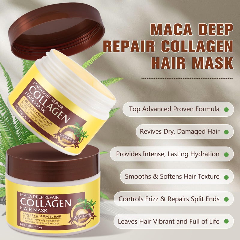 Collagen Hair Mask, Deep Conditioning Treatment Mask 5.1floz, Strengthen Hair and Enhance Manageability and Flexibility, for Dry or Damaged Hair, Enriched with Collagen, Argan Oil, Maca - Image 2