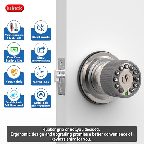 iulock Smart Door Knob with Keypad and Key,Keyless Entry Door Lock with Rubber Grip, Auto Lock,50 User Code,Waterproof, Easy to Install and Program for Bedroom Garage Office Gate (Satin Nickel) - Image 3