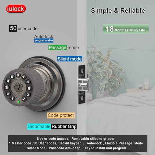 iulock Smart Door Knob with Keypad and Key,Keyless Entry Door Lock with Rubber Grip, Auto Lock,50 User Code,Waterproof, Easy to Install and Program for Bedroom Garage Office Gate (Satin Nickel) - Image 2