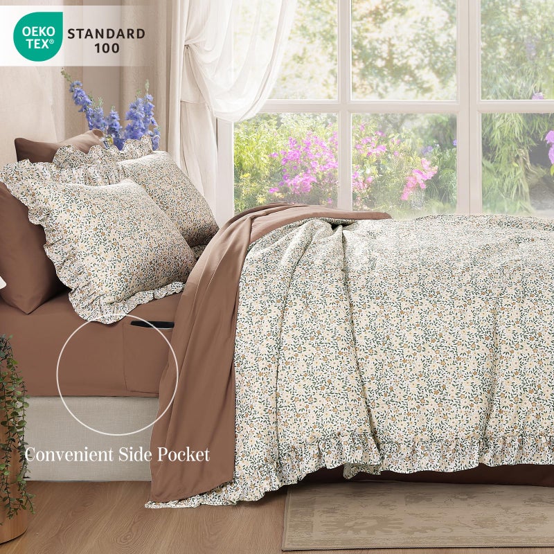 BLOOMHAVEN Queen Comforter Set - 7 Pieces Ruffle Beige Ditzy Bedding Sets, Shabby Chic Farmhouse Bed in a Bag Queen with Floral Comforter,Sheets, Pillowcases & Shams - Image 3