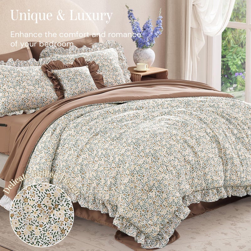 BLOOMHAVEN Queen Comforter Set - 7 Pieces Ruffle Beige Ditzy Bedding Sets, Shabby Chic Farmhouse Bed in a Bag Queen with Floral Comforter,Sheets, Pillowcases & Shams - Image 2