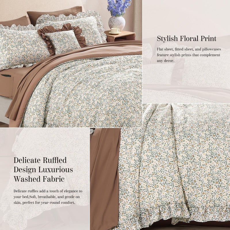 BLOOMHAVEN Queen Comforter Set - 7 Pieces Ruffle Beige Ditzy Bedding Sets, Shabby Chic Farmhouse Bed in a Bag Queen with Floral Comforter,Sheets, Pillowcases & Shams - Image 4