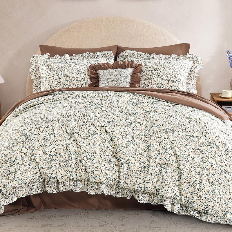 BLOOMHAVEN Queen Comforter Set - 7 Pieces Ruffle Beige Ditzy Bedding Sets, Shabby Chic Farmhouse Bed in a Bag Queen with Floral Comforter,Sheets, Pillowcases & Shams - Image 5