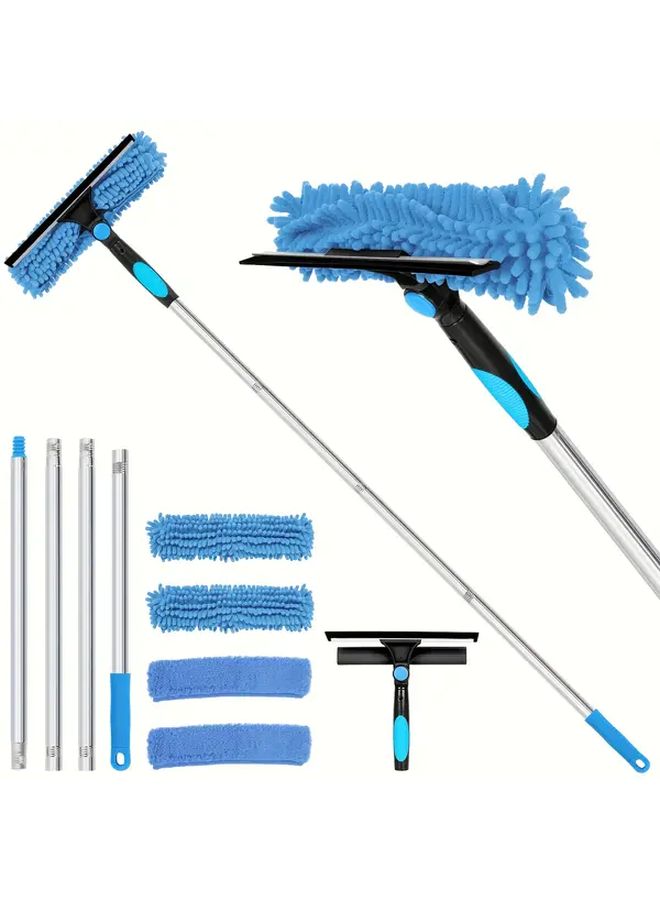 Blue 6 Feet High Window Cleaning Water Brush Set With Telescopic Pole Rotating Head 4 Replaceable Brushes - Image 1
