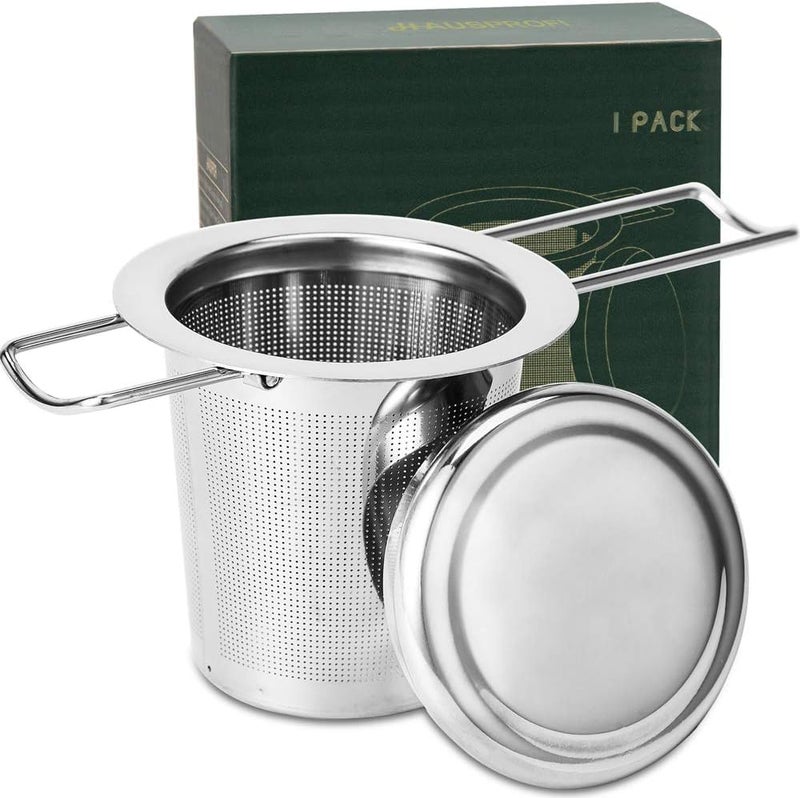 HAUSPROFI Tea Infuser 304 Stainless Steel Tea Strainer with Lid and Foldable Handle Tea Filter for Teapots Cups Mugs to Brewing Steeping Loose Leaf 1 Pack