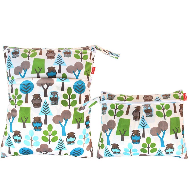 داميرو حقيبة سفر قابلة لإعادة الاستخدام 2 قطعة للحقيبة الرطبة والجافة مع جيبين بسحاب للمناديل القماشية وأجزاء ضخمة وملابس السباحة وصالة الألعاب الرياضية - غابة خضراء