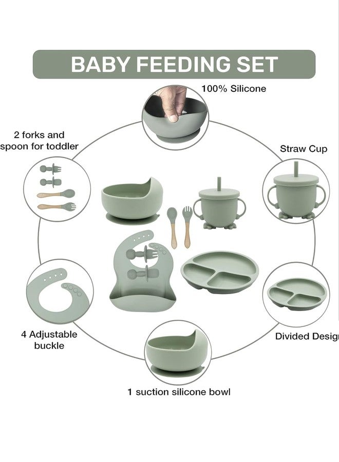 Richtots Premium Silicone Baby Feeding Set, Complete 8-Piece Baby Led Weaning Set | Baby Feeding Product,Suction Plate, Bowl,Cup, 2 Spoon, 2 Fork and Bib for Baby Sky Blue (Green) - Image 2