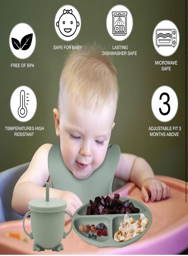 Richtots Premium Silicone Baby Feeding Set, Complete 8-Piece Baby Led Weaning Set | Baby Feeding Product,Suction Plate, Bowl,Cup, 2 Spoon, 2 Fork and Bib for Baby Sky Blue (Green) - Image 4
