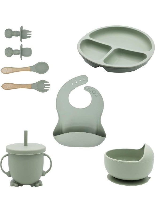 Richtots Premium Silicone Baby Feeding Set, Complete 8-Piece Baby Led Weaning Set | Baby Feeding Product,Suction Plate, Bowl,Cup, 2 Spoon, 2 Fork and Bib for Baby Sky Blue (Green) - Image 1