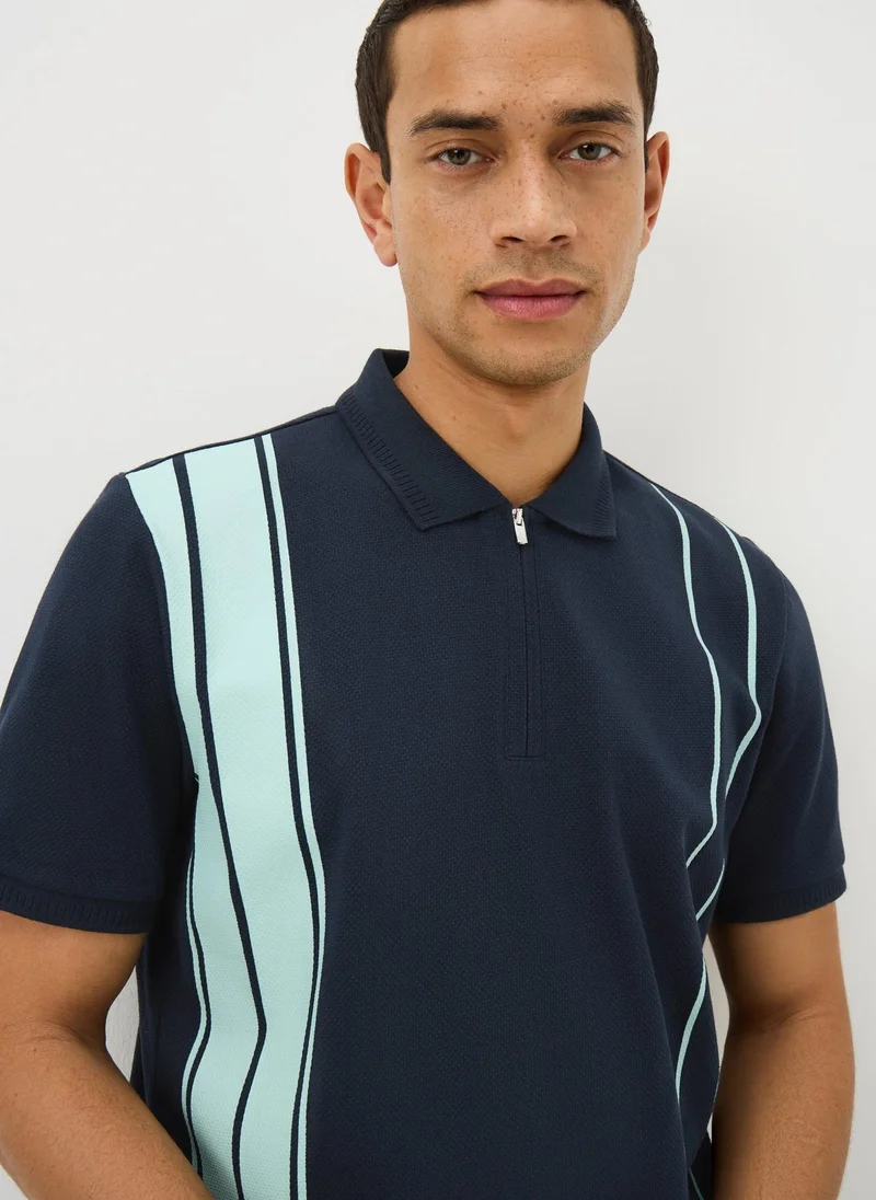 Matalan Navy Smart Stripe Bubble Texture Polo Shirt