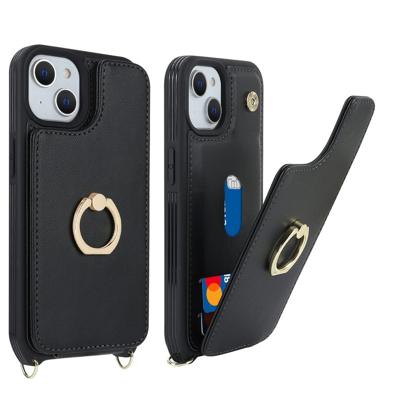 Lipvina for iPhone 14 Plus Case with Card Holder and Strap for Women,Crossbody Lanyard,Stand Ring Kickstand,Snap Clasp,Phone Wallet Cases 6.7 inch(Black) - Image 4