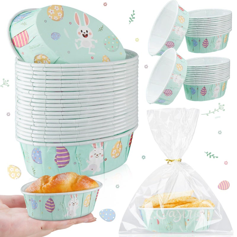 FillTouch 25 Pcs Easter Bunny Paper Loaf Pans 3 x 2 x 1.1'' Mini Loaf Pan Liners with Clear Plastic Bags and Ties Easter Baking Cake Pans Disposable Oval Cake Cups Baking Mold for Baking Cupcake Bread - Image 1