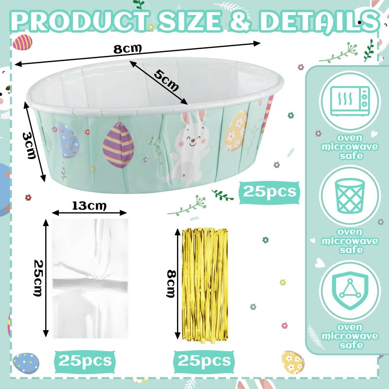 FillTouch 25 Pcs Easter Bunny Paper Loaf Pans 3 x 2 x 1.1'' Mini Loaf Pan Liners with Clear Plastic Bags and Ties Easter Baking Cake Pans Disposable Oval Cake Cups Baking Mold for Baking Cupcake Bread - Image 2