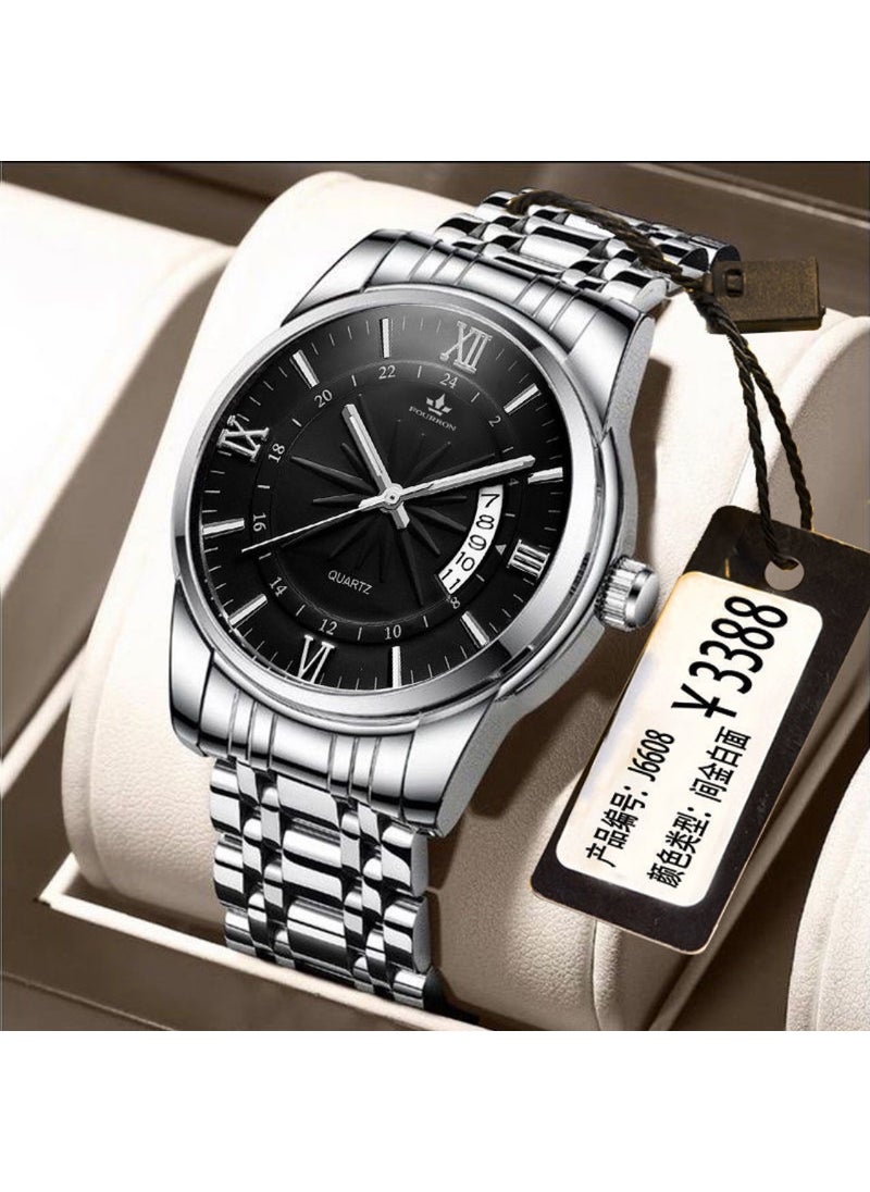 Generic Mens Waterproof Quartz Watch with Calendar and Steel Band Black-faced silver steel strip 