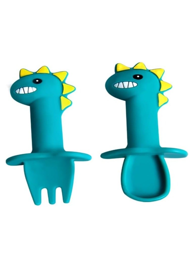 RATSAW 2 PCS Dinosaur Shaped Toddler Feeding Spoon Kids Utensils with Case Food Grade Silicone Gentle to Gum Short Blue  - Image 1