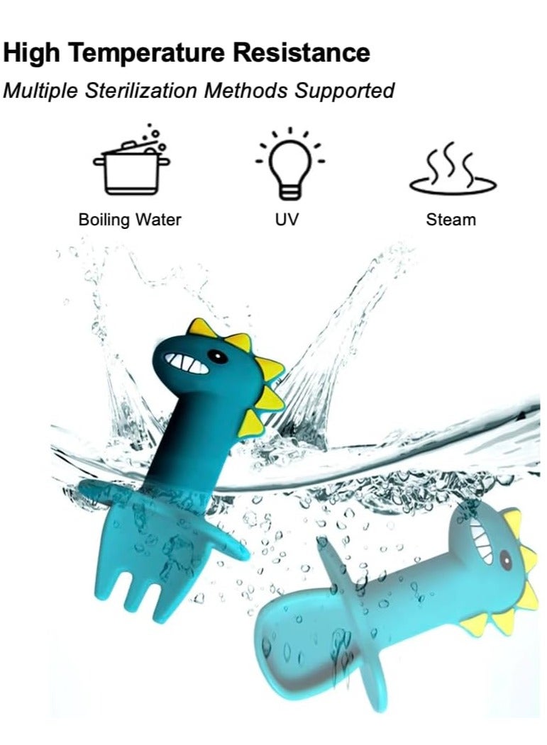 RATSAW 2 PCS Dinosaur Shaped Toddler Feeding Spoon Kids Utensils with Case Food Grade Silicone Gentle to Gum Short Blue  - Image 4