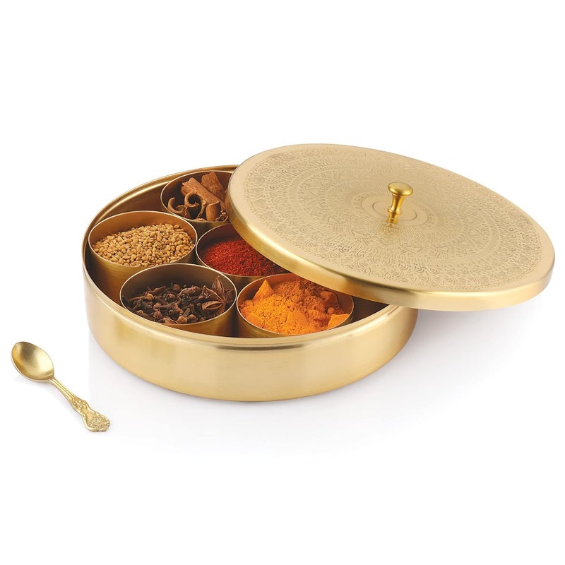 Attro Iron Masala Dabba Brass Finish Masala Dabba Spice Box for Kitchen with Lid 7 Spice Containers and 1 Designer Spoon Masala Canister Spice Box Organizer Golden