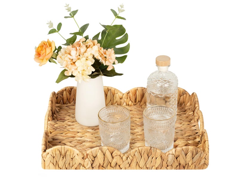 StorageWorks Rectangle Wicker Scalloped Tray Rattan Serving Trays with Handles Water Hyacinth Basket for Decorative Organizing 1575 L x 115 W x 275 H