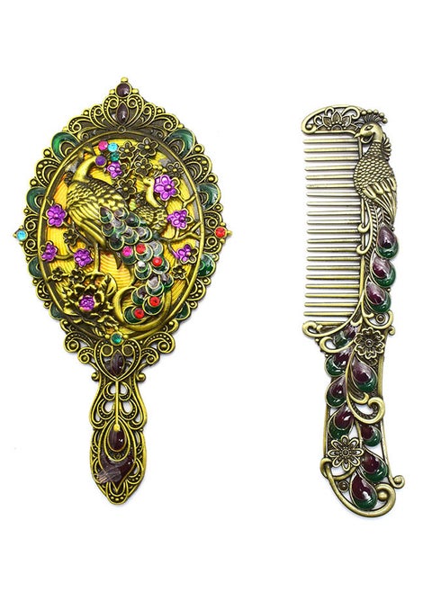 immatgar pharaonic Peafowl makeup pocket mirror with comb ancient Egyptian souvenirs gifts for women and mother from Egypt (Peafowl 6 - Burnt Yellow - 13.5 CM Tall)