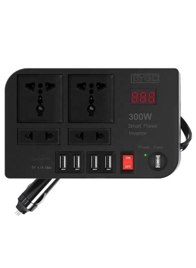 BYGD - 300W Car Power Inverter DC 12V/24V to 220V AC with 4 USB Ports Fast Charging with 2 Universal Sockets with Multi functional LED Display Photovoltaic Inverter - Image 1