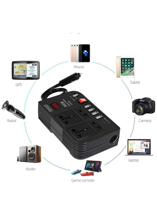 BYGD - 300W Car Power Inverter DC 12V/24V to 220V AC with 4 USB Ports Fast Charging with 2 Universal Sockets with Multi functional LED Display Photovoltaic Inverter - Image 1