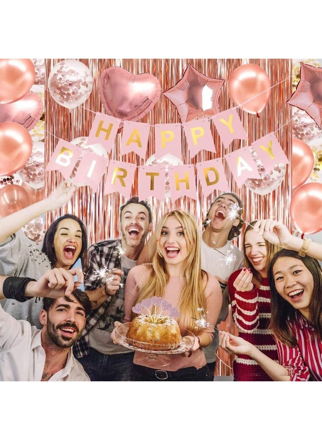 Capstro Rose Gold Birthday Balloon Decoration Set – Happy Birthday Banner & Balloon Arch Kit with Metallic Rose Gold, White & Confetti Latex Balloons, Star & Heart Foil Balloons, Tinsel Curtain Backdrop – Rose Gold Theme - Image 5