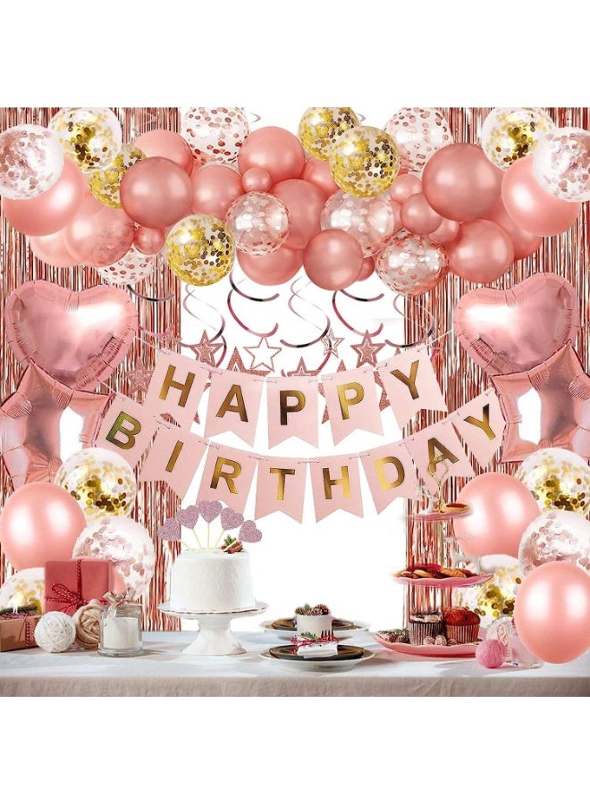 Capstro Rose Gold Birthday Balloon Decoration Set – Happy Birthday Banner & Balloon Arch Kit with Metallic Rose Gold, White & Confetti Latex Balloons, Star & Heart Foil Balloons, Tinsel Curtain Backdrop – Rose Gold Theme - Image 1