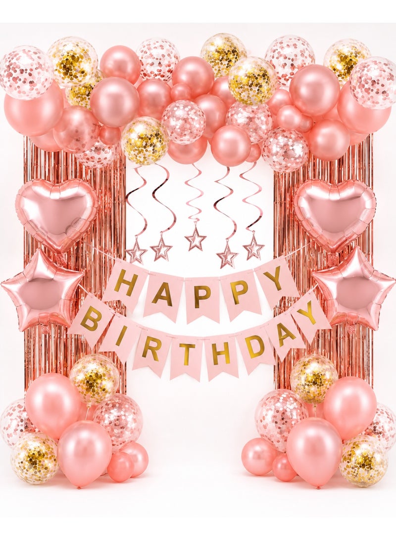 Capstro Rose Gold Birthday Balloon Decoration Set – Happy Birthday Banner & Balloon Arch Kit with Metallic Rose Gold, White & Confetti Latex Balloons, Star & Heart Foil Balloons, Tinsel Curtain Backdrop – Rose Gold Theme - Image 1