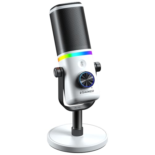 Aokeo Microphone for PC, AK-10 USB/XLR Dynamic Desktop Microphone for Gaming,Podcast,Streaming with RGB Light,Volume Control,Mute Button,Noise Reduction(White) - Image 1