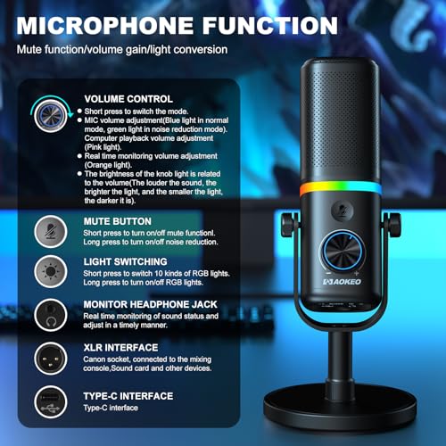 Aokeo Microphone for PC, AK-10 USB/XLR Dynamic Desktop Microphone for Gaming,Podcast,Streaming with RGB Light,Volume Control,Mute Button,Noise Reduction(White) - Image 3