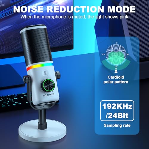 Aokeo Microphone for PC, AK-10 USB/XLR Dynamic Desktop Microphone for Gaming,Podcast,Streaming with RGB Light,Volume Control,Mute Button,Noise Reduction(White) - Image 4
