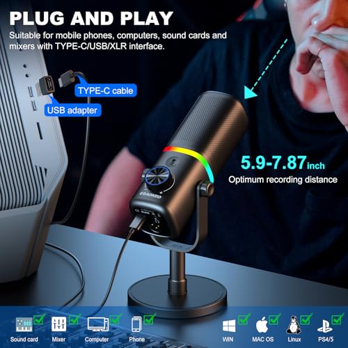 Aokeo Microphone for PC, AK-10 USB/XLR Dynamic Desktop Microphone for Gaming,Podcast,Streaming with RGB Light,Volume Control,Mute Button,Noise Reduction(White) - Image 5