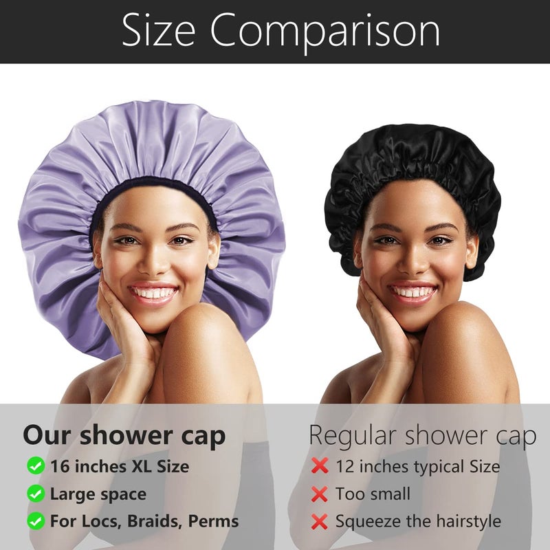Auban Extra Large Shower Cap, Double-Layer Waterproof Reusable Satin Lining Shower Bonnet for Women Long Hair, Braids, Locs, perms (Purple) - Image 4