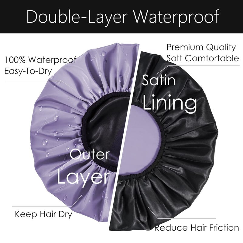 Auban Extra Large Shower Cap, Double-Layer Waterproof Reusable Satin Lining Shower Bonnet for Women Long Hair, Braids, Locs, perms (Purple) - Image 5
