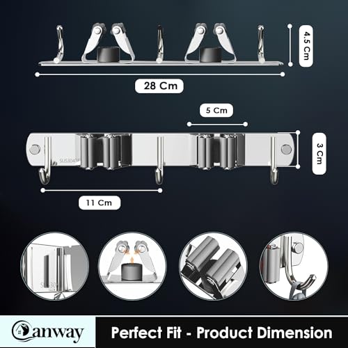 CANWAY® 1 Piece Stainless Steel 2 Racks with 3 Hook Heavy Duty Wall Mounted Broom and Mop Stick Holder, Hanging Tools for Home Kitchen Garden Laundry Garage - Image 2