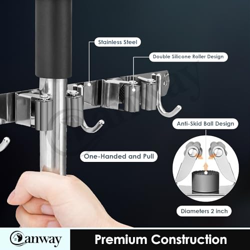 CANWAY® 1 Piece Stainless Steel 2 Racks with 3 Hook Heavy Duty Wall Mounted Broom and Mop Stick Holder, Hanging Tools for Home Kitchen Garden Laundry Garage - Image 3